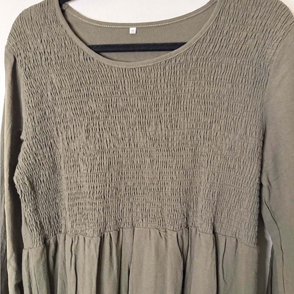 Olive Green Smocked Long Sleeve Dress 2X